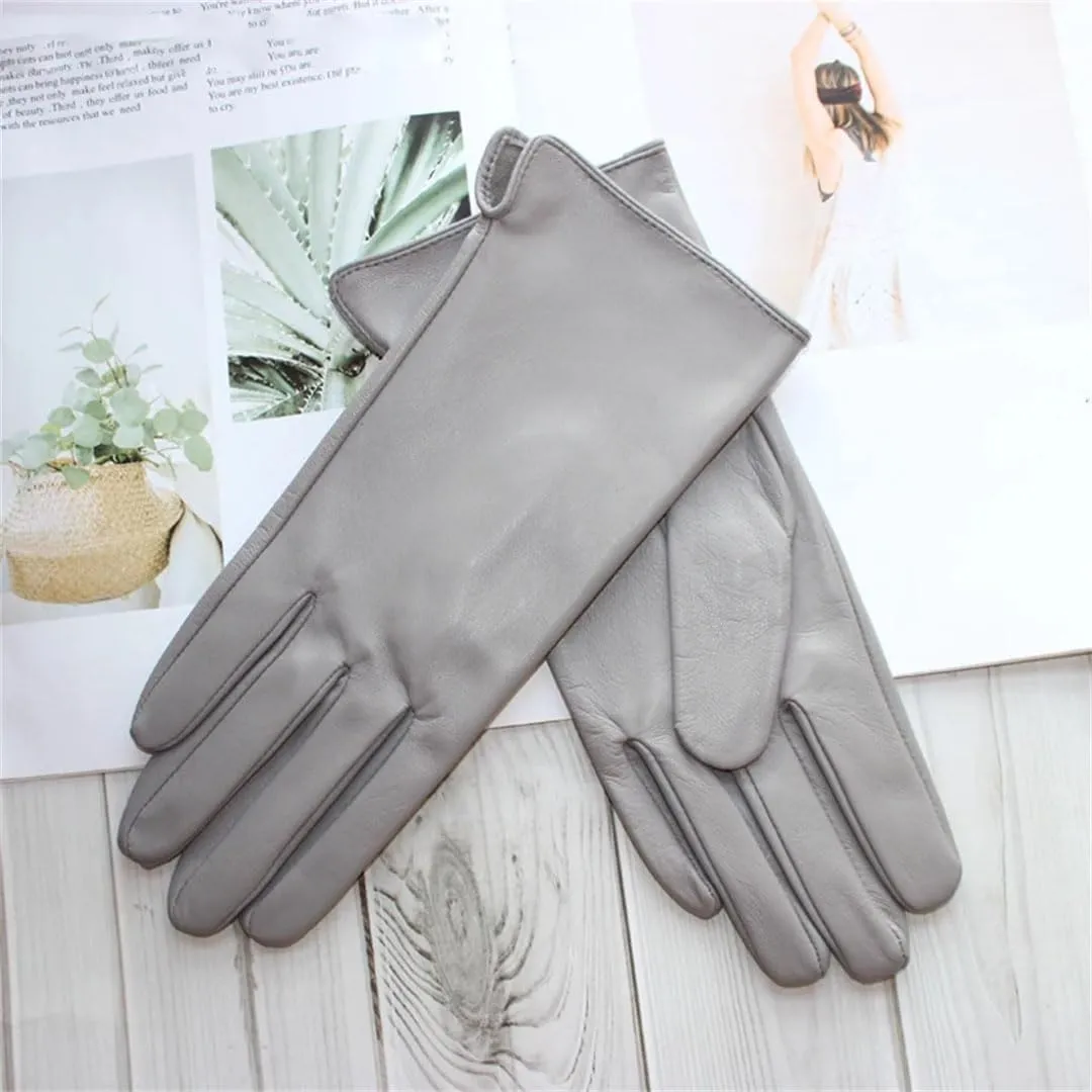 Women Sheepskin Touch Screen Gloves Single Leather Thin Unlined Classic Solid Straight Driving Gloves