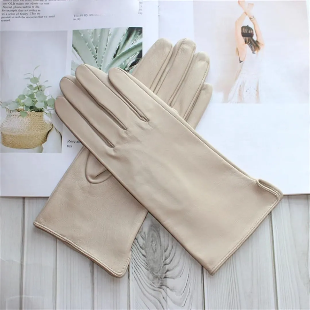 Women Sheepskin Touch Screen Gloves Single Leather Thin Unlined Classic Solid Straight Driving Gloves