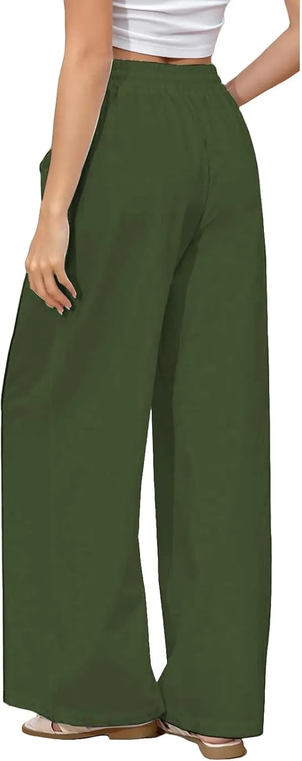 Womens Linen Pants Casual High Waisted Wide Leg Capri Pant Summer Baggy Drawstring Straight Trousers with Pockets