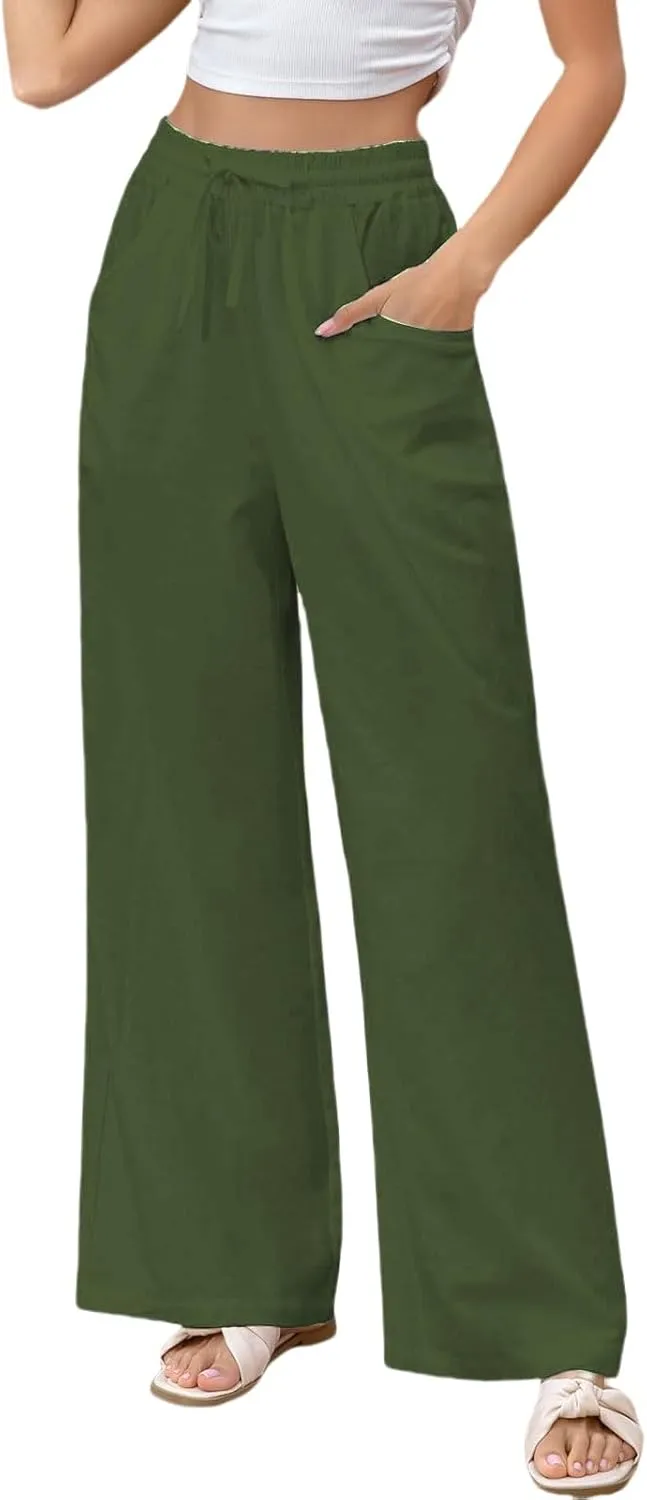 Womens Linen Pants Casual High Waisted Wide Leg Capri Pant Summer Baggy Drawstring Straight Trousers with Pockets