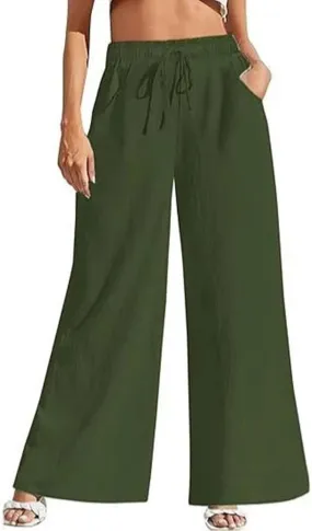 Womens Linen Pants Casual High Waisted Wide Leg Capri Pant Summer Baggy Drawstring Straight Trousers with Pockets