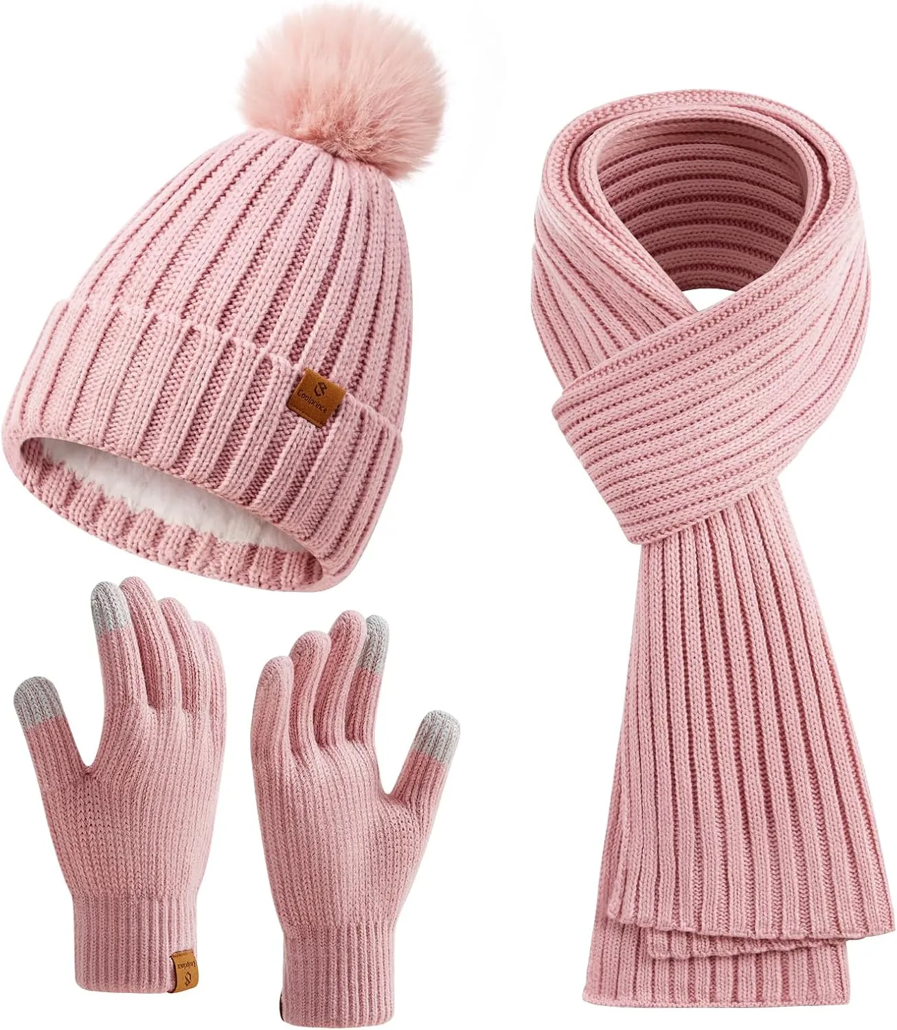 Womens Long Scarf Gloves and Hat Set Cold Weather Hat Scarf Glove Set for Women Winter Beanie Hats with Pom Pom