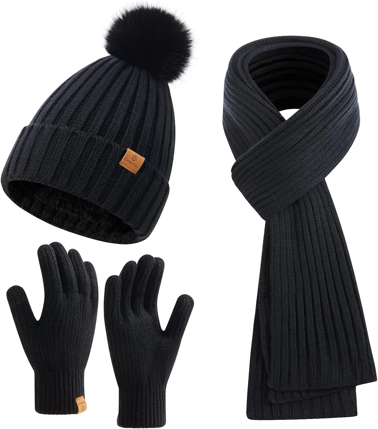 Womens Long Scarf Gloves and Hat Set Cold Weather Hat Scarf Glove Set for Women Winter Beanie Hats with Pom Pom