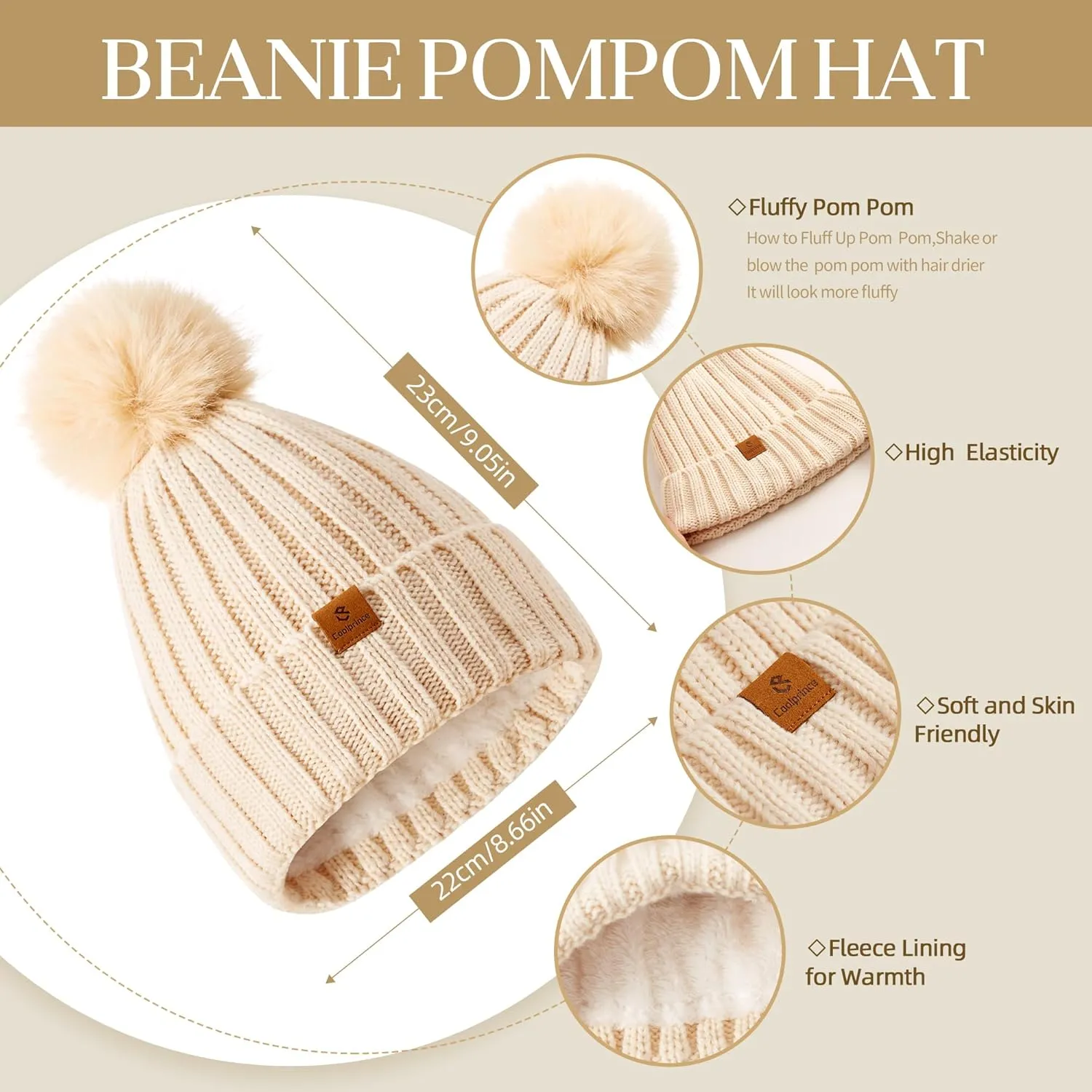 Womens Long Scarf Gloves and Hat Set Cold Weather Hat Scarf Glove Set for Women Winter Beanie Hats with Pom Pom